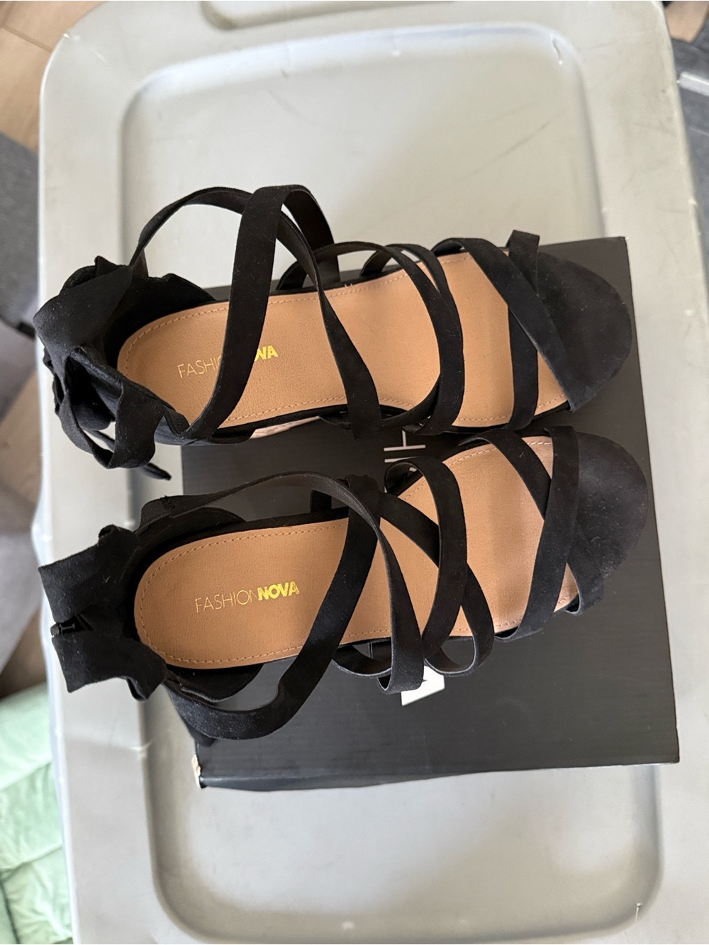 Fashion Nova Black Strappy Cork Wedge Sandals with Ankle Tie - Picture 5 of 14